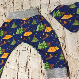 Harems & Bib Set in Blue Jersey Fabric with camping design