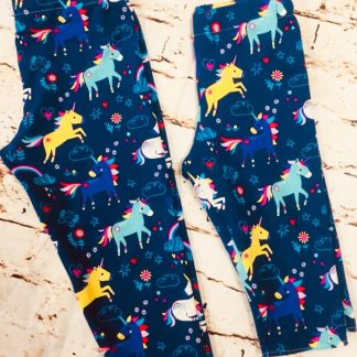 Elasticated 3/4 Length Leggings 7-8 years in Blue Jersey fabric with unicorn design