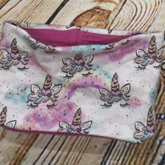 Snood / Neck warmer with Unicorn Rainbow design on White with Pink Inner Jersey Fabric
