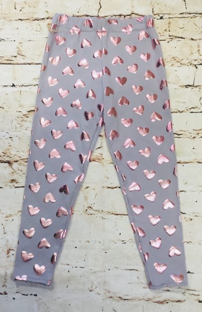 Leggins with Pink Foil Hearts on Grey Jersey Fabric