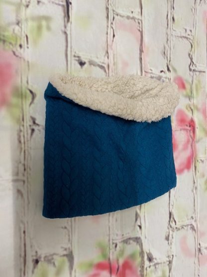 Snood Neck Warmer - Blue Cable Knit Jersey with Cream Fluffy Inside